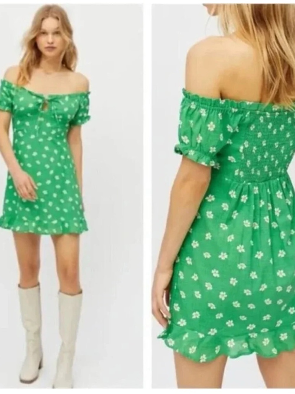 Urban Outfitters Magpie Off-The-Shoulder Mini Dress Green Daisy Size XS